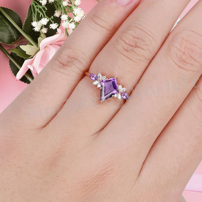 Vintage Kite Cut Violet Amethyst Engagement Ring 10k Rose Gold Butterfly Shape Moissanite Women Unique Bridal Wedding Ring
