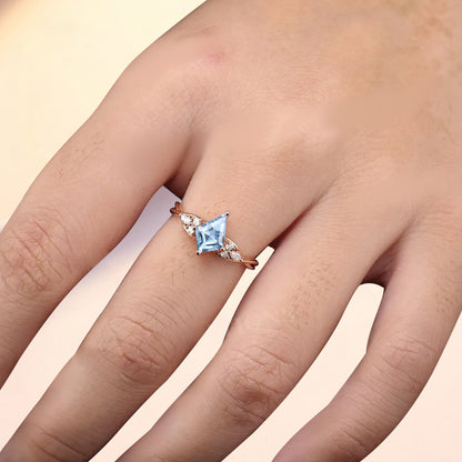 Vintage Kite cut Aquamarine Engagement ring Rose Gold moissanite marriage ring Bridal 3/4 eternity Twisted Flower ring anniversary ring