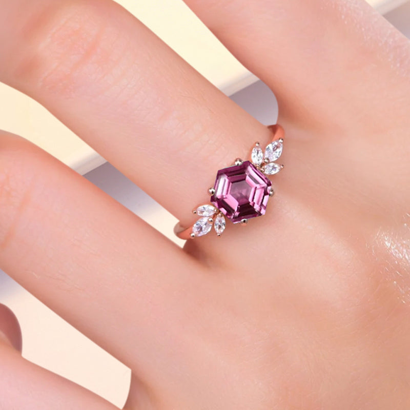 Vintage Violet Agate Wedding Ring Hexagon Cut Amethyst Engagement Ring Unique Bridal Ring Art Deco Amethyst Ring Anniversary Gift Ring