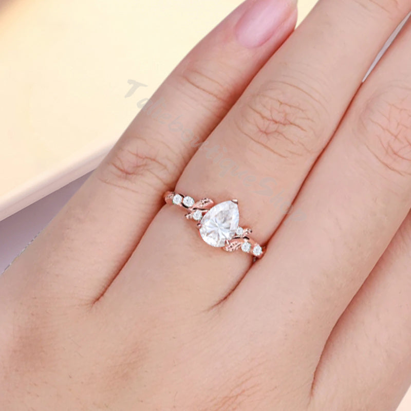 Moissanite Engagement Ring Vintage Pear Cut Moissanite Ring Solid 14k Rose Gold Ring Moissanite Bridal Promise Leaf Ring Unique Engagement Anniversary Gift
