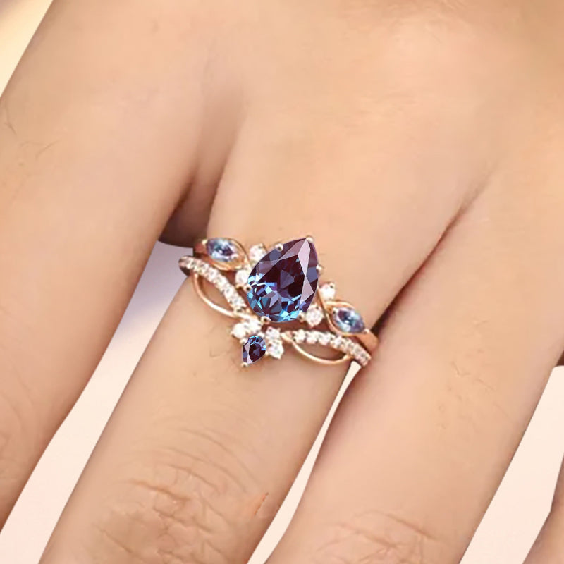 Vintage Birnenform Aquamarin Verlobungsring Set Unikat Versprechen Brautring Set Jubiläumsgeschenk