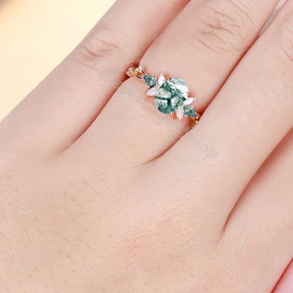 Bague de fiançailles vintage ovale en pierre de lune, bague de promesse unique en opale et moissanite