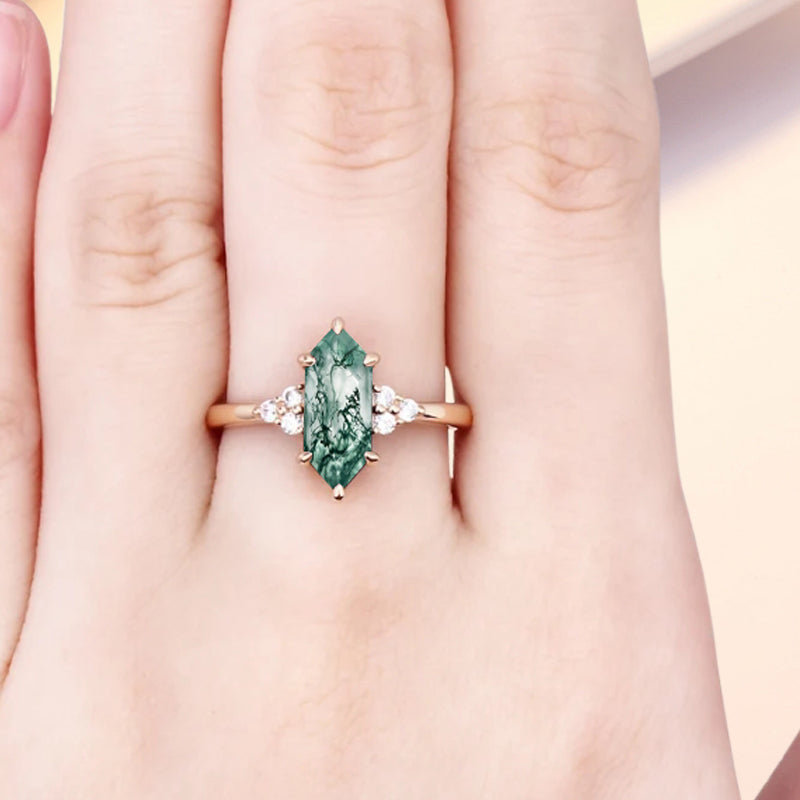 Marquise cut Moss agate engagement ring Vintage Rose gold ring Marquise diamond Bridal ring Anniversary gift