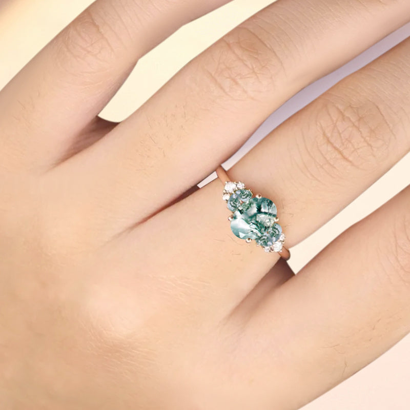 Vintage Oval Moss Agate Engagement Ring Unique Moss Agate Sidestones Oval Gemstone Promise Ring