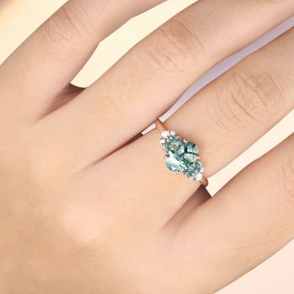 Vintage Oval Moss Agate Engagement Ring Unique Moss Agate Sidestones Oval Gemstone Promise Ring