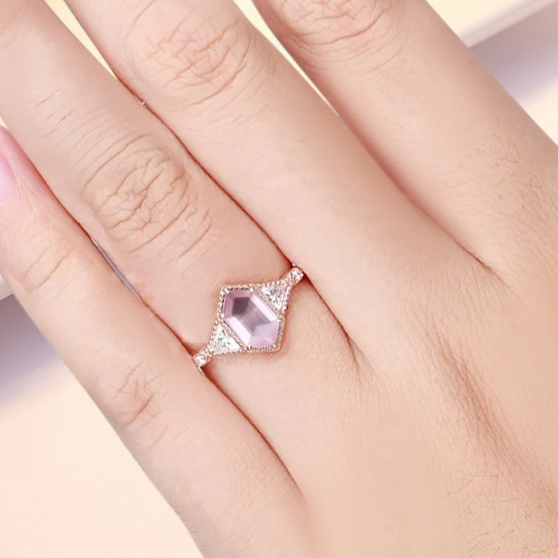 Hexagon Cut Natural Pink Sapphire Ring Art Deco Pink Sapphire Rose Gold Covered Ring Handmade Rose Gold Bridal Promise Ring