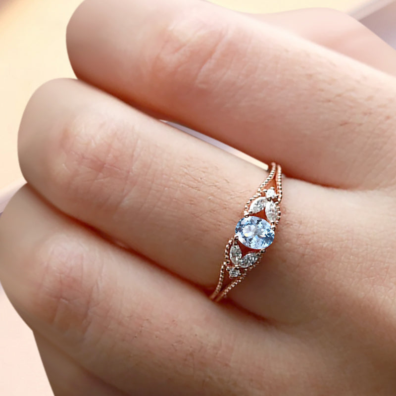 Aquamarine Engagement Ring Vintage 18K Solid Gold Wedding Ring Split Diamond Art Deco Bridal Ring Jewelry Gift For Her