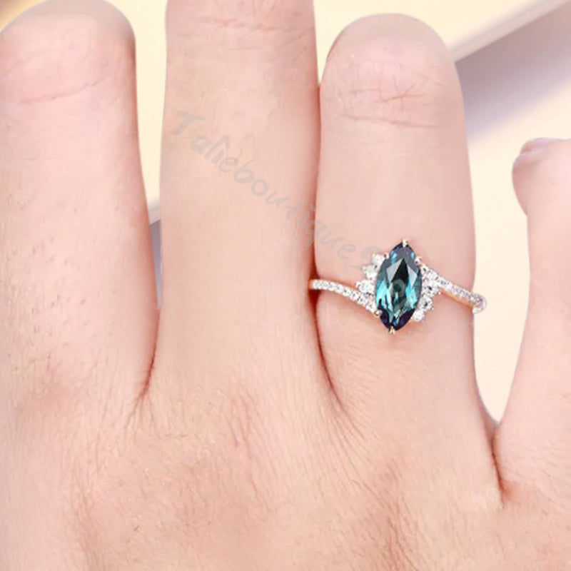 Bague de fiançailles vintage en forme de poire avec aigue-marine, ensemble de bagues de mariage uniques, cadeau d'anniversaire