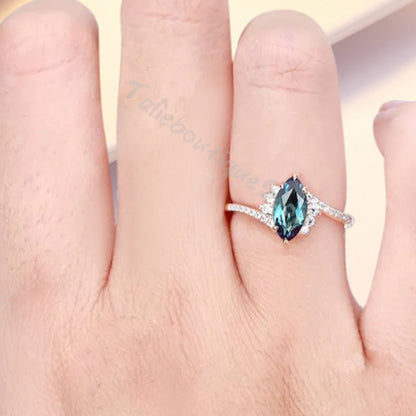 Bague de fiançailles vintage en forme de poire avec aigue-marine, ensemble de bagues de mariage uniques, cadeau d'anniversaire