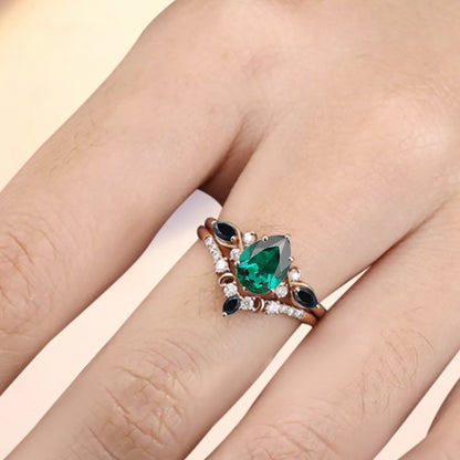 Bague de fiançailles vintage en forme de poire avec aigue-marine, ensemble de bagues de mariage uniques, cadeau d'anniversaire