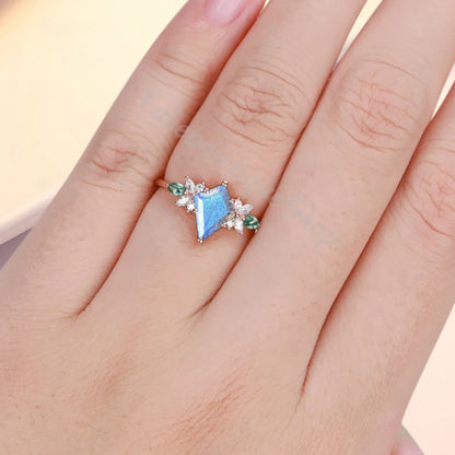 Vintage Kite Cut Blue-White Labradorite Engagement Ring 10k Rose Gold Butterfly Shape Moissanite Women Unique Bridal Wedding Ring