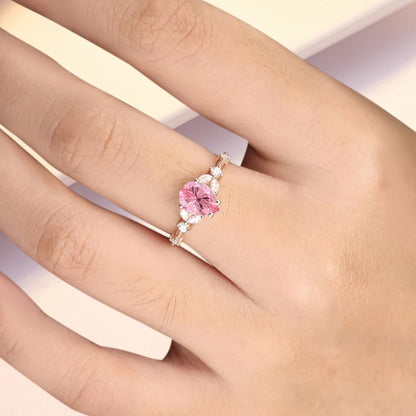 Vintage Pear Pink Sapphire Engagement Ring Unique Moissanite Sidestones Pear Gemstone Promise Ring