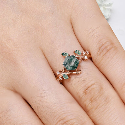 Hexagon Cut Green Moss Agate Engagement Ring Solid 14k Rose Gold Branch Leaf Twig Moissanite Ring Vintage Marquise Cut Natural Ring Women Jewelry