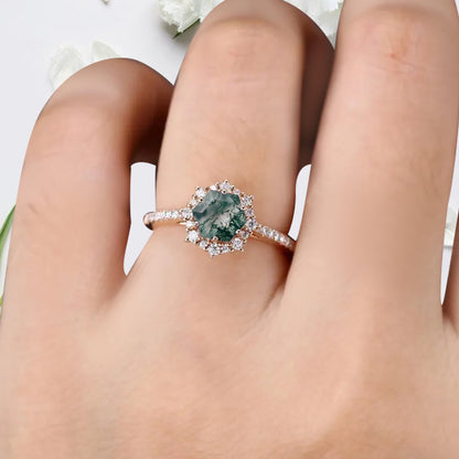 Unique Hexagon Cut Green Agate Engagement Ring Vintage Moss Agate Wedding Bridal Ring Art Deco Green Agate Gemstone Ring Anniversary Gift