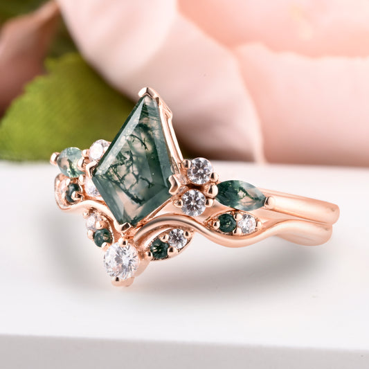 Vintage Kite Cut Moss Agate Engagement Ring Set Unique Moss Agate & Moissanite Gemstone Promise Bridal Ring Set