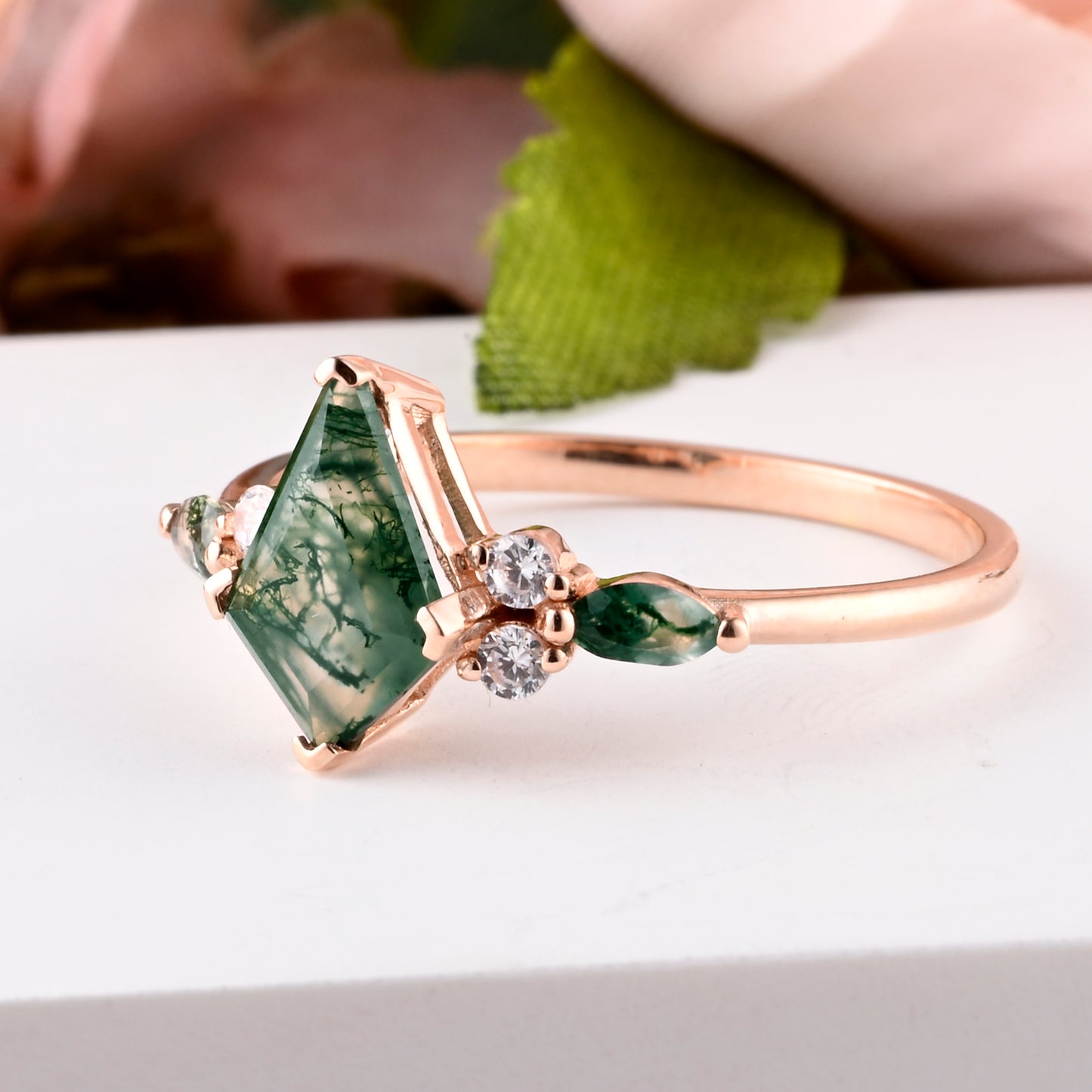 Vintage Kite Cut Moss Agate Engagement Ring Set Unique Moss Agate & Moissanite Gemstone Promise Bridal Ring Set