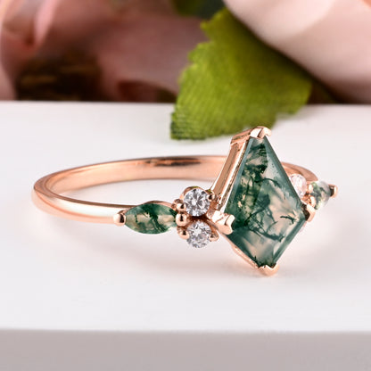 Vintage Kite Cut Moss Agate Engagement Ring Set Unique Moss Agate & Moissanite Gemstone Promise Bridal Ring Set