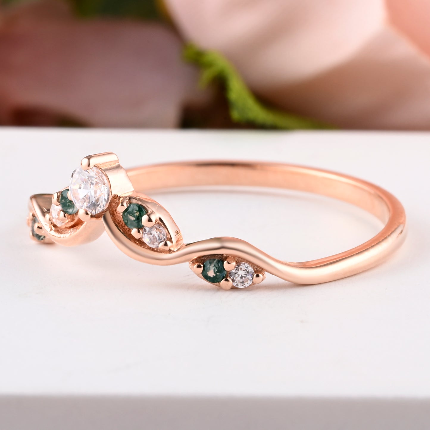 Vintage Kite Cut Moss Agate Engagement Ring Set Unique Moss Agate & Moissanite Gemstone Promise Bridal Ring Set