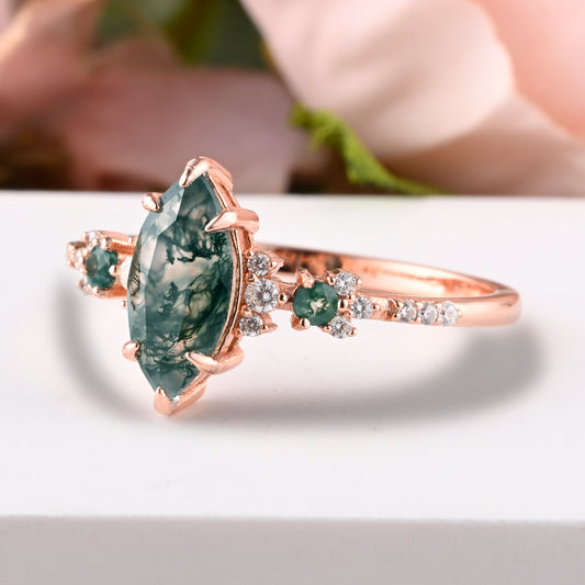 Vintage Marquise Cut Natural Moss Agate Engagement Ring Sets Nature Inspired Moissanite Cluster Promise Ring Rose Gold Art Deco Women Gift Ver.2