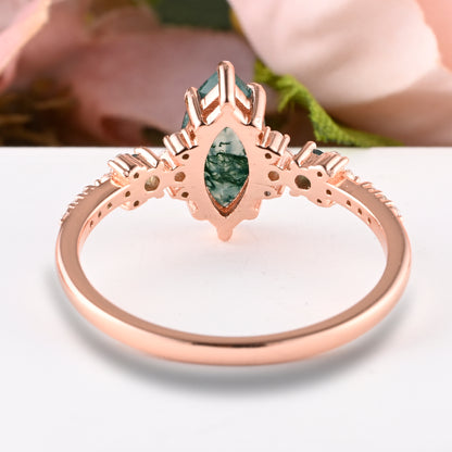 Vintage Marquise Cut Natural Moss Agate Engagement Ring Sets Nature Inspired Moissanite Cluster Promise Ring Rose Gold Art Deco Women Gift Ver.2