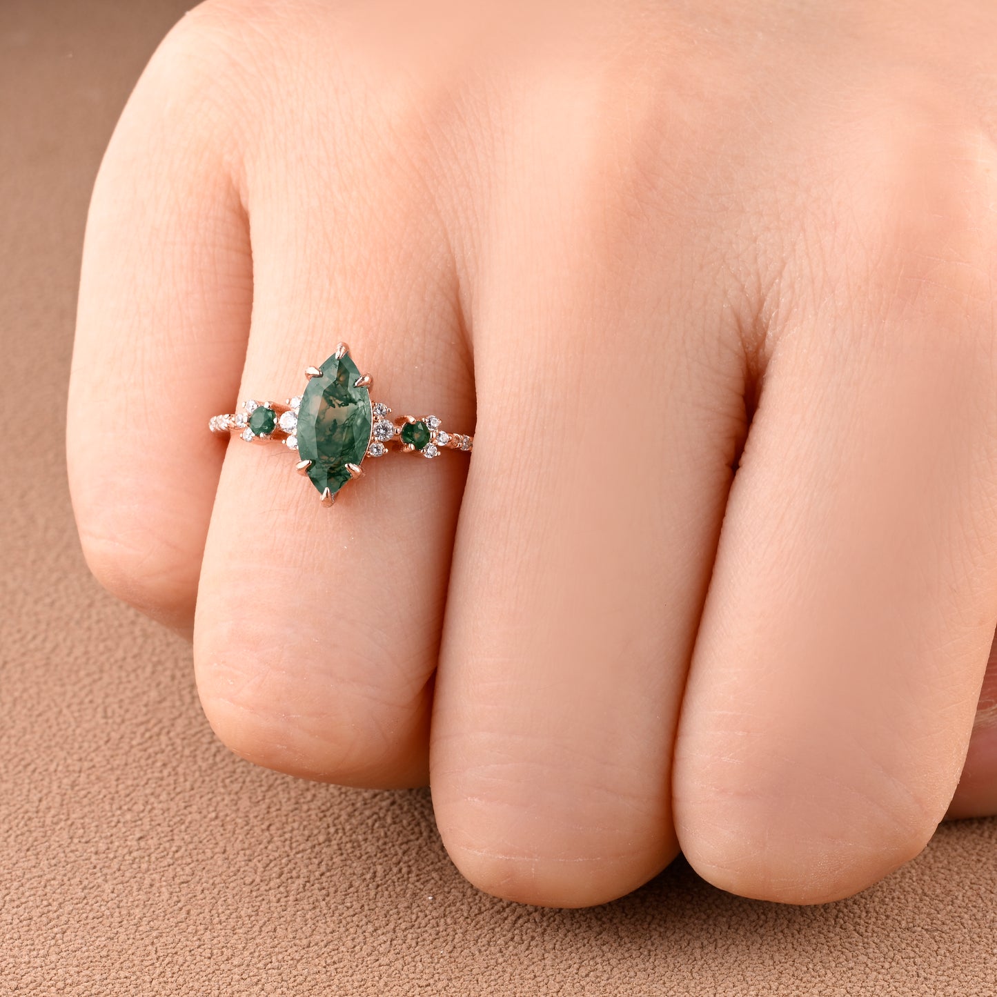 Vintage Marquise Cut Natural Moss Agate Engagement Ring Sets Nature Inspired Moissanite Cluster Promise Ring Rose Gold Art Deco Women Gift Ver.2