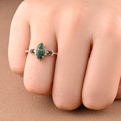 Vintage Marquise Cut Natural Moss Agate Engagement Ring Sets Nature Inspired Moissanite Cluster Promise Ring Rose Gold Art Deco Women Gift Ver.2
