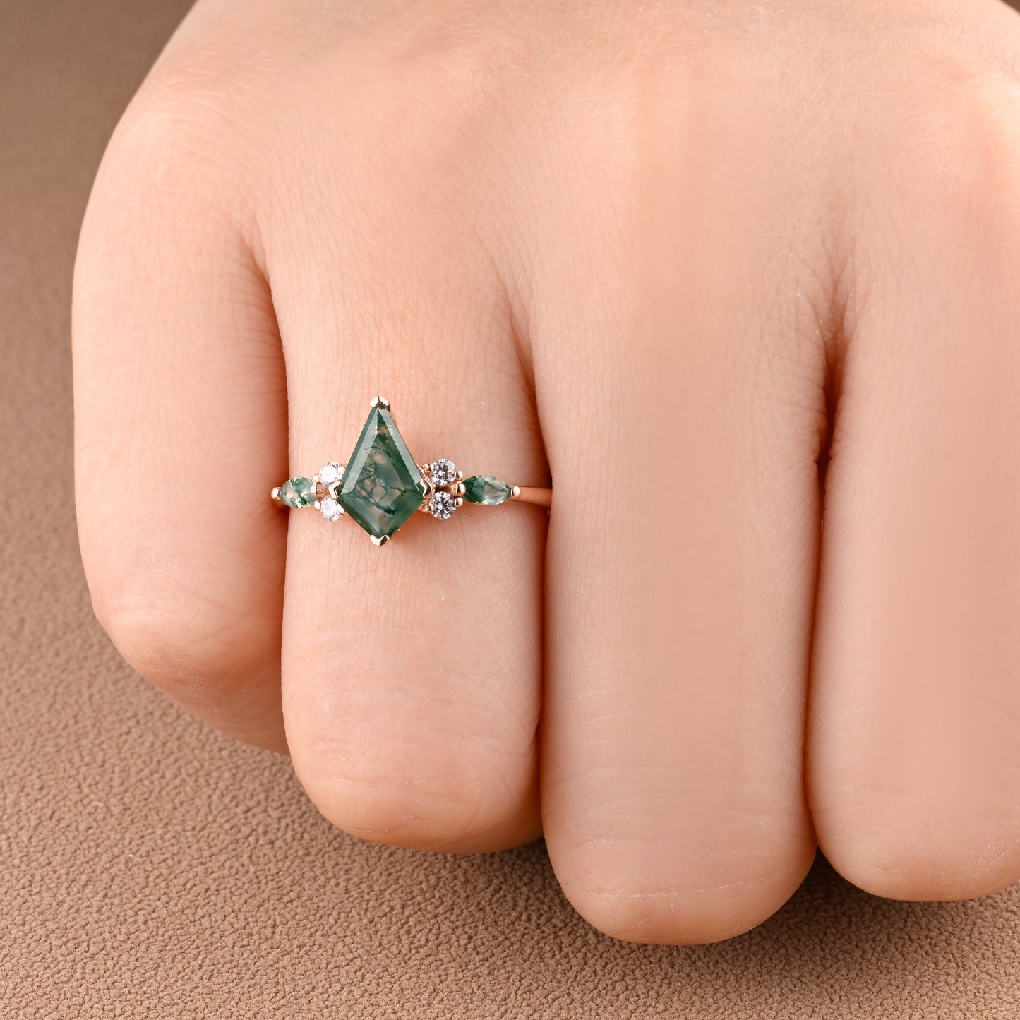Vintage Kite Cut Moss Agate Engagement Ring Set Unique Moss Agate & Moissanite Gemstone Promise Bridal Ring Set