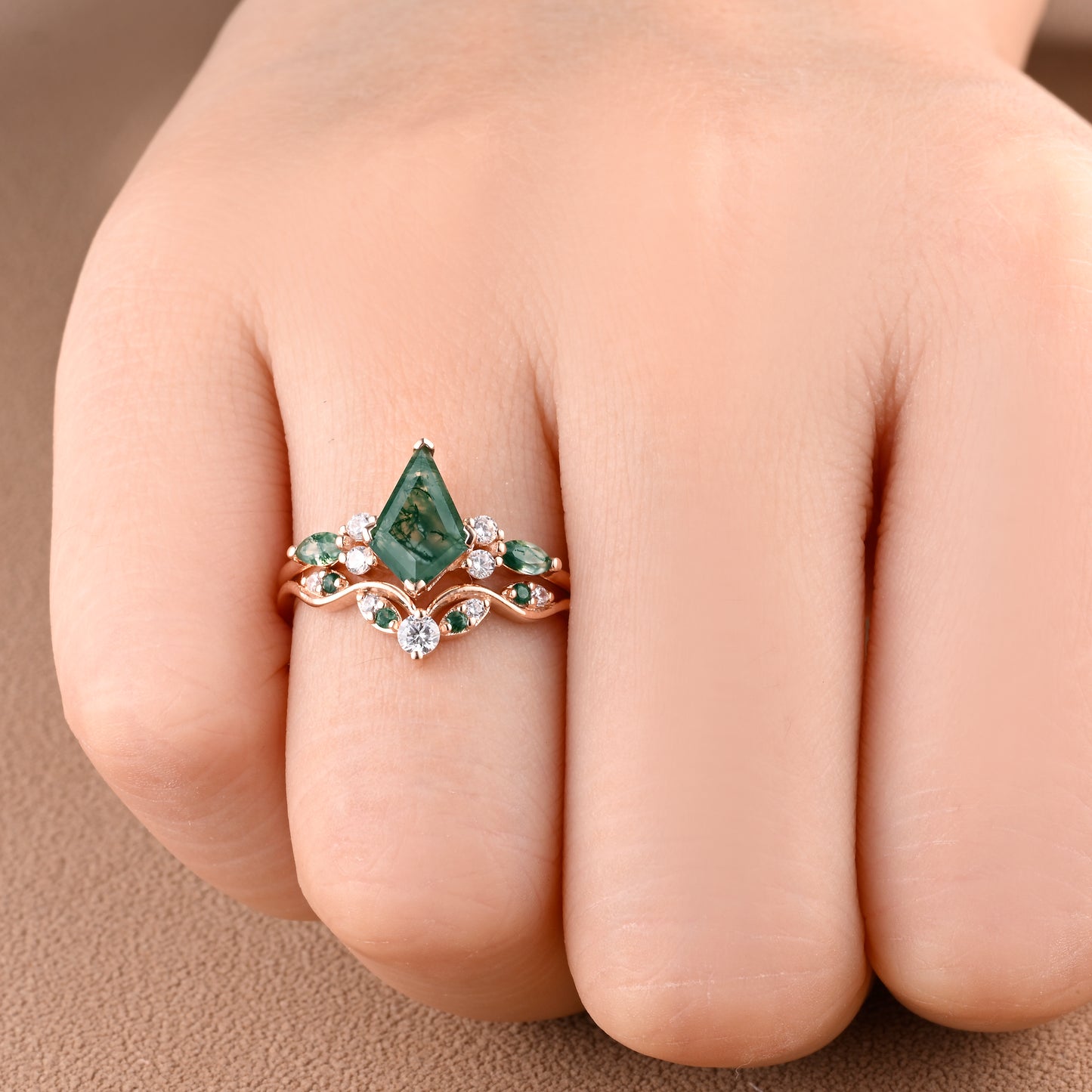 Vintage Kite Cut Moss Agate Engagement Ring Set Unique Moss Agate & Moissanite Gemstone Promise Bridal Ring Set