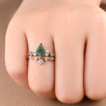 Vintage Kite Cut Moss Agate Engagement Ring Set Unique Moss Agate & Moissanite Gemstone Promise Bridal Ring Set
