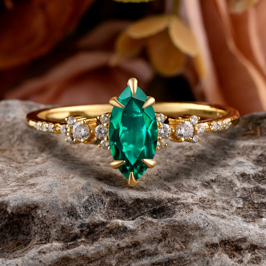 Vintage Marquise Cut Natural Emerald Engagement Ring Sets Nature Inspired Moissanite Cluster Promise Ring Rose Gold Art Deco Women Gift Ver.2