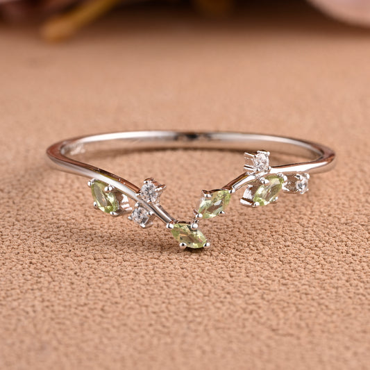 Natural Peridot Curved Wedding Band Art Deco Natural Inspired Leaf Stack Band August Birthstone Stack Ring Silver Rose Gold Micro Pave Ring