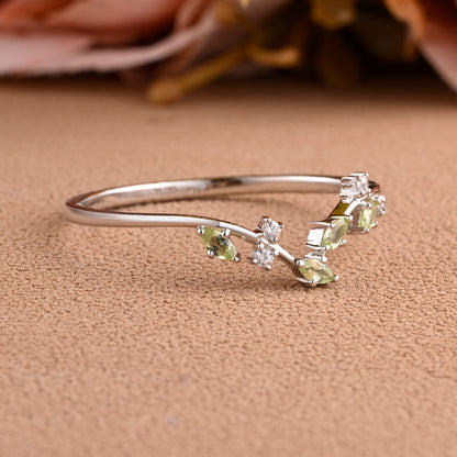 Natural Peridot Curved Wedding Band Art Deco Natural Inspired Leaf Stack Band August Birthstone Stack Ring Silver Rose Gold Micro Pave Ring