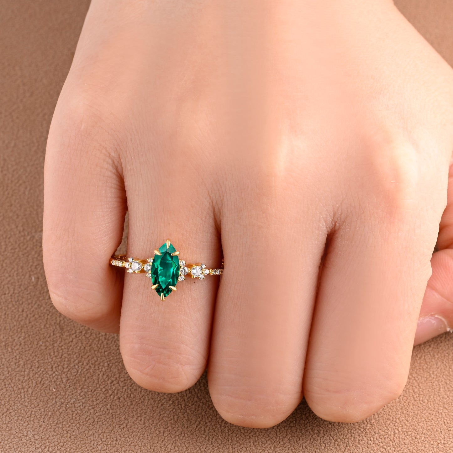 Vintage Marquise Cut Natural Emerald Engagement Ring Sets Nature Inspired Moissanite Cluster Promise Ring Rose Gold Art Deco Women Gift Ver.2