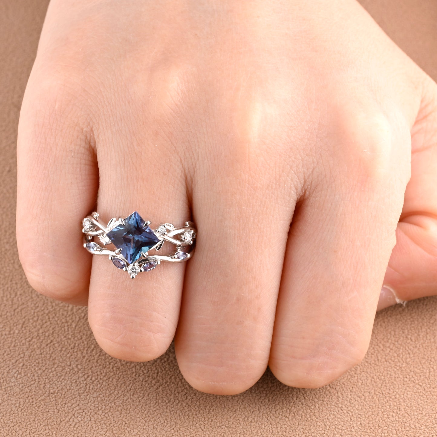 Vintage Princess Cut Alexandrite Enhancer Ring Set Unique Alexandrite Gemstone Promise Bridal Ring Set
