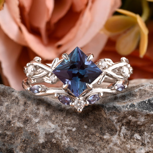 Vintage Princess Cut Alexandrite Enhancer Ring Set Unique Alexandrite Gemstone Promise Bridal Ring Set
