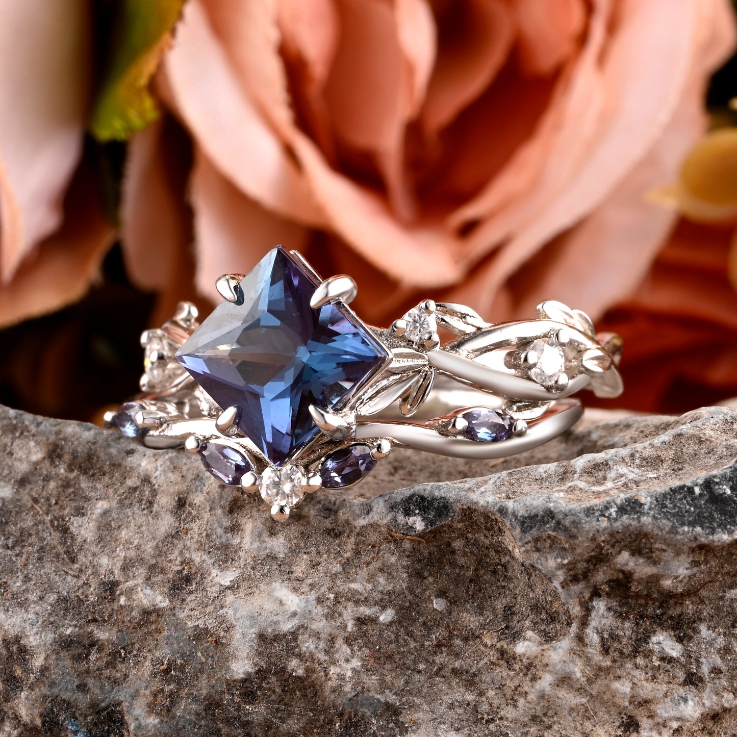 Vintage Princess Cut Alexandrite Enhancer Ring Set Unique Alexandrite Gemstone Promise Bridal Ring Set