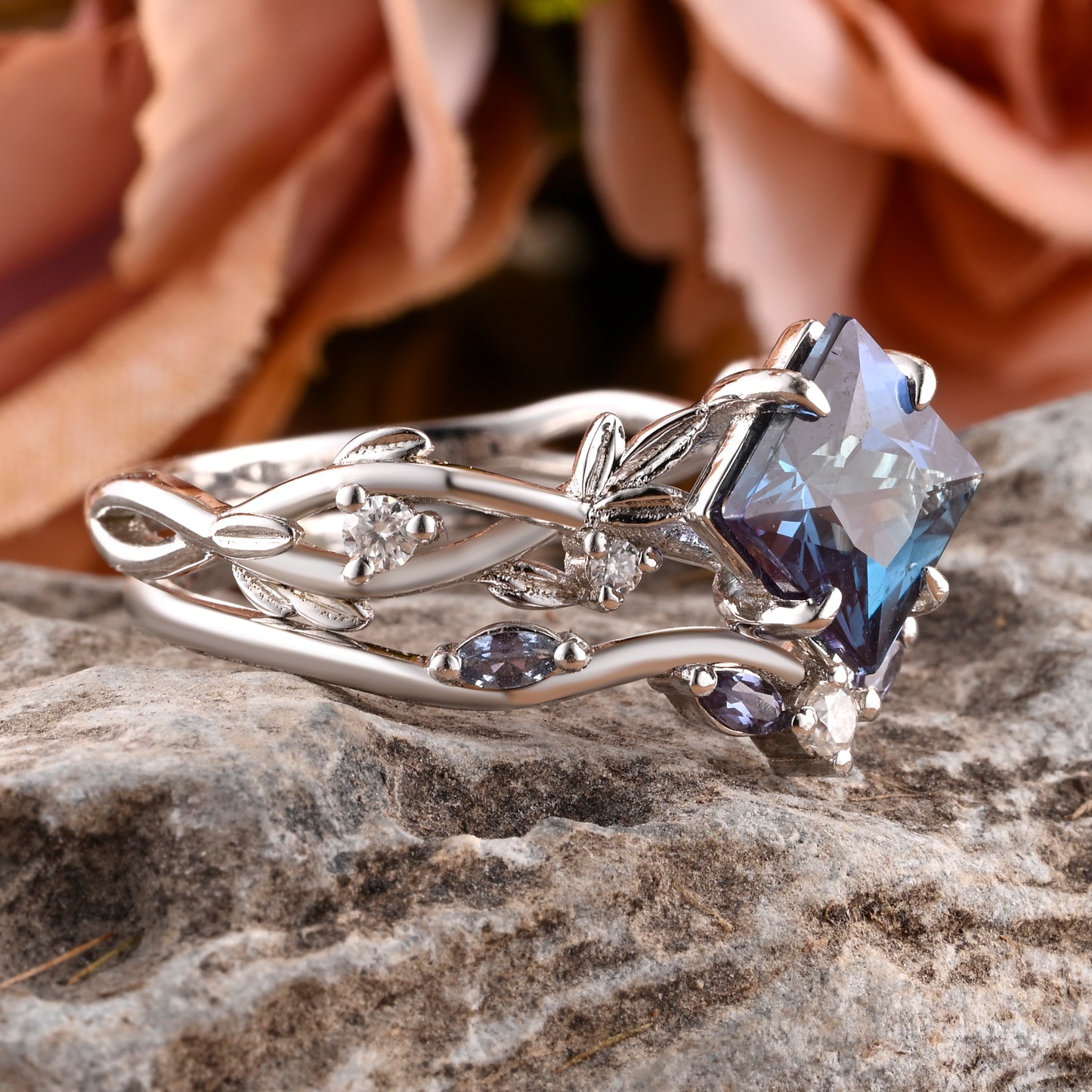 Vintage Princess Cut Alexandrite Enhancer Ring Set Unique Alexandrite Gemstone Promise Bridal Ring Set