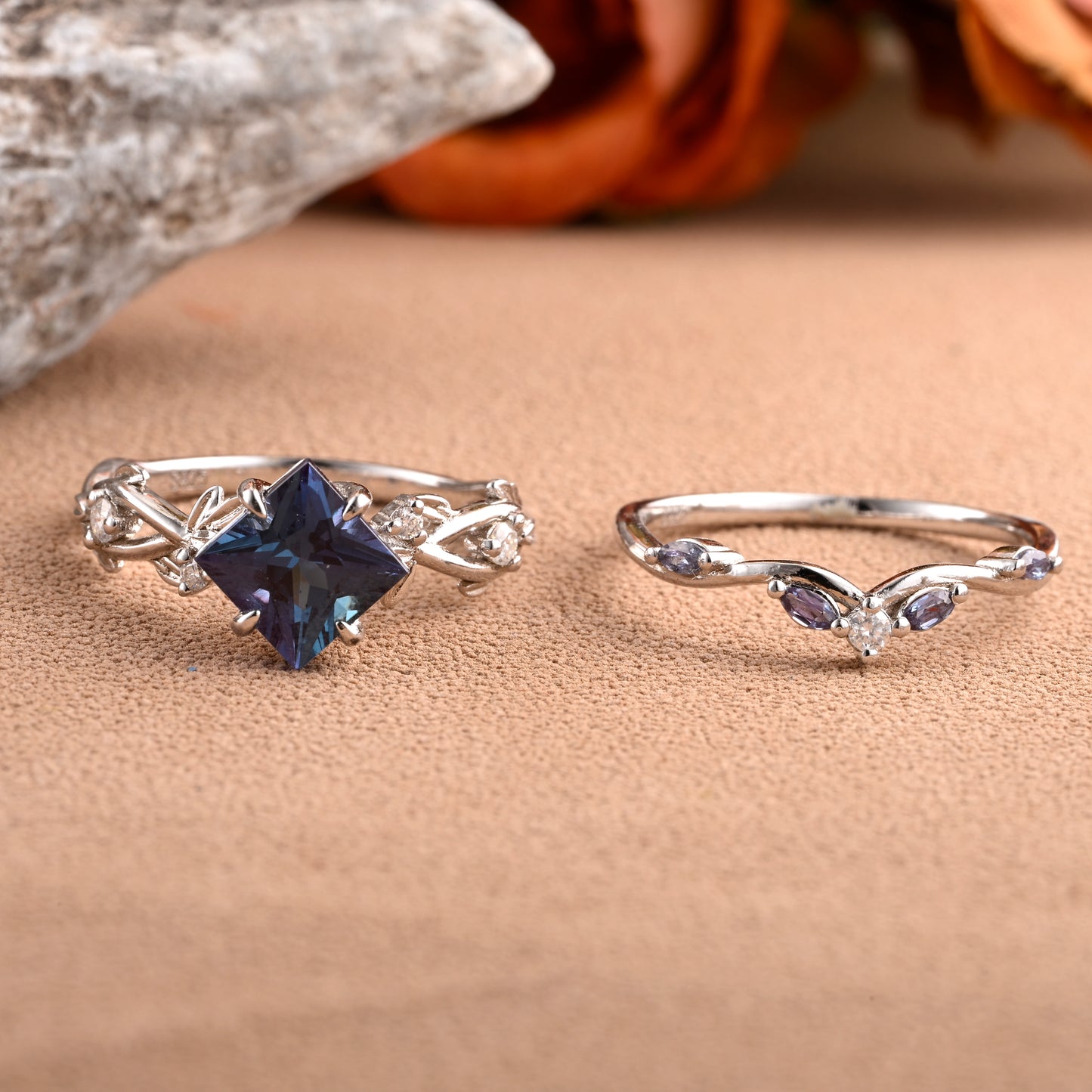 Vintage Princess Cut Alexandrite Enhancer Ring Set Unique Alexandrite Gemstone Promise Bridal Ring Set