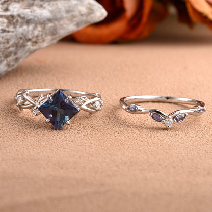 Vintage Princess Cut Alexandrite Enhancer Ring Set Unique Alexandrite Gemstone Promise Bridal Ring Set