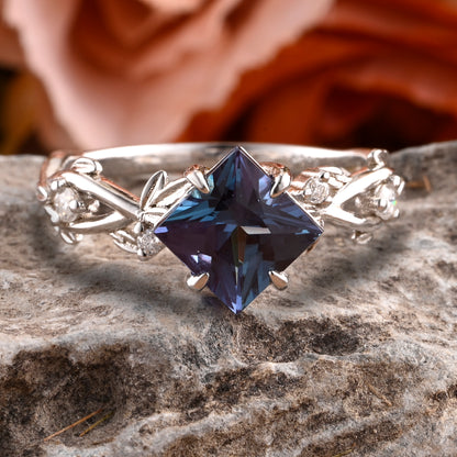 Vintage Princess Cut Alexandrite Enhancer Ring Set Unique Alexandrite Gemstone Promise Bridal Ring Set