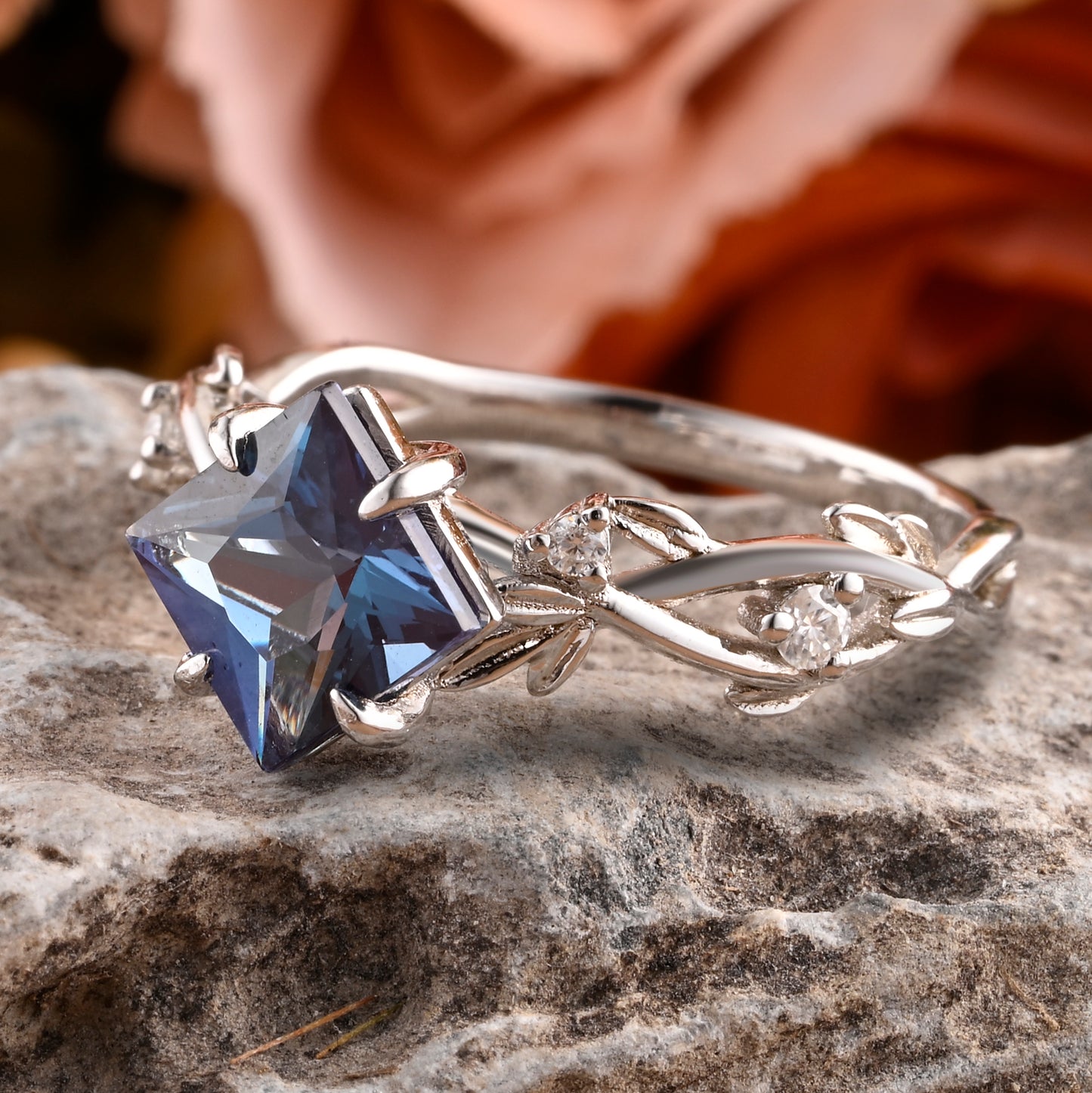 Vintage Princess Cut Alexandrite Enhancer Ring Set Unique Alexandrite Gemstone Promise Bridal Ring Set