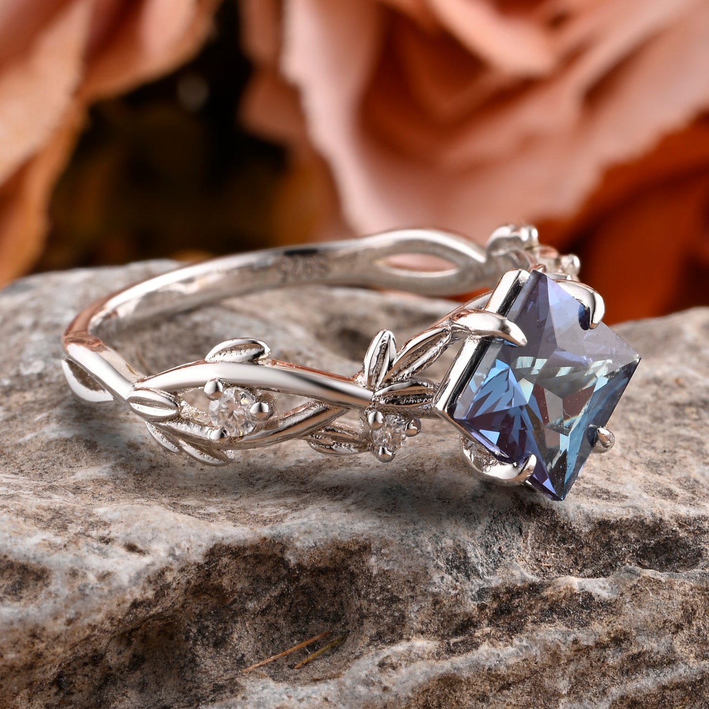 Vintage Princess Cut Alexandrite Enhancer Ring Set Unique Alexandrite Gemstone Promise Bridal Ring Set