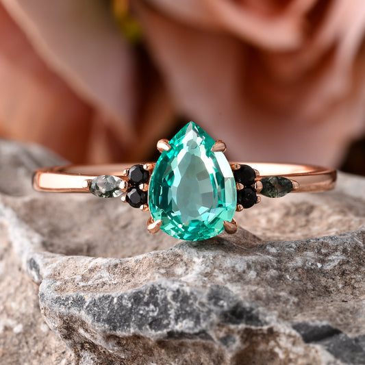 Bague de fiançailles vintage ovale en pierre de lune, bague de promesse unique en opale et moissanite