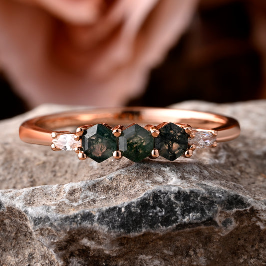 Birthstone bridal ring Round shape Green Moss Agate wedding ring Twist design band Anniversary gifts Solid Rose gold handmade ring for women