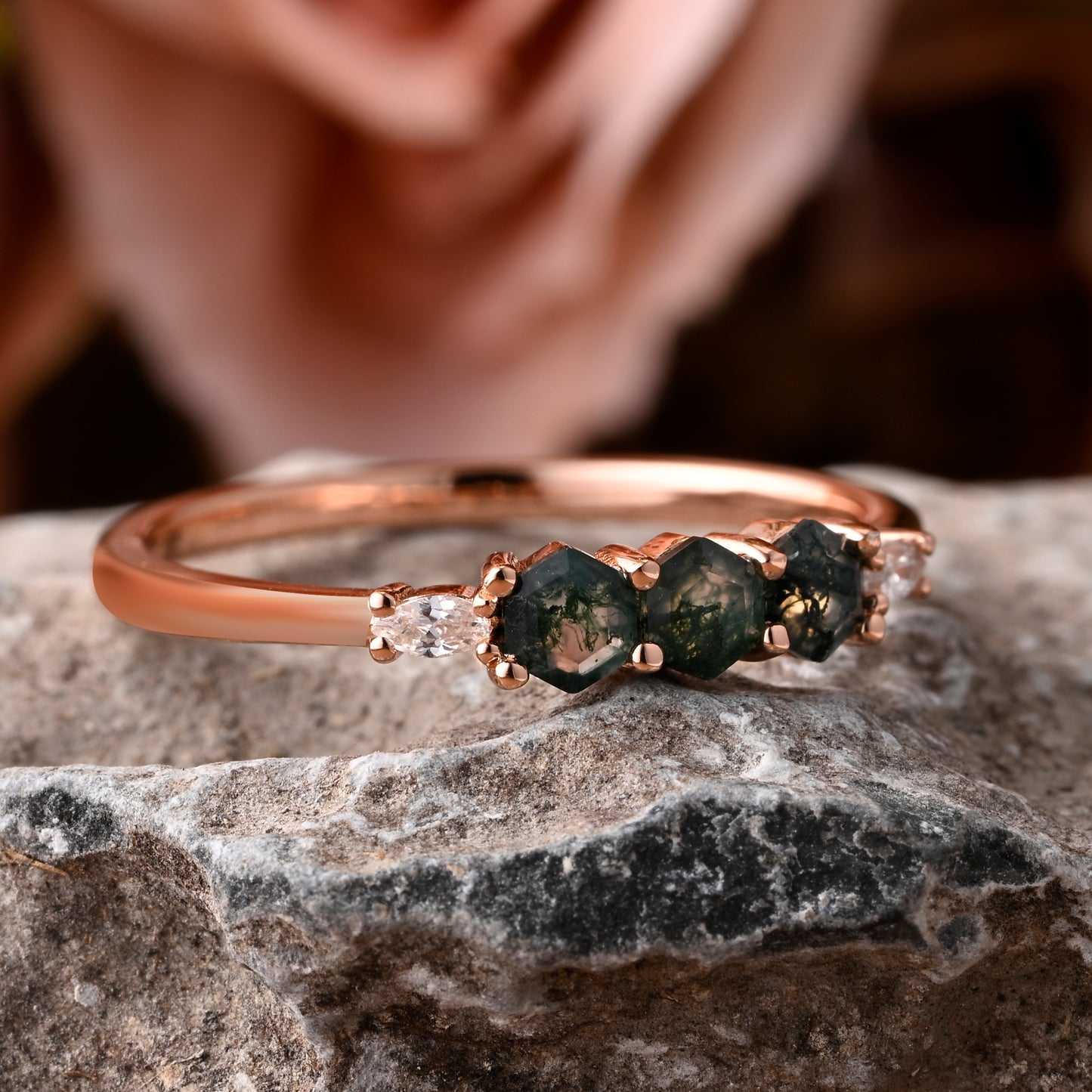 Birthstone bridal ring Round shape Green Moss Agate wedding ring Twist design band Anniversary gifts Solid Rose gold handmade ring for women