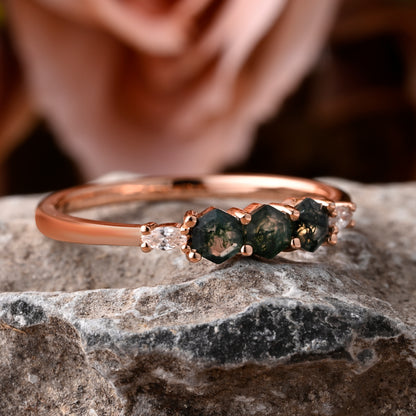 Birthstone bridal ring Round shape Green Moss Agate wedding ring Twist design band Anniversary gifts Solid Rose gold handmade ring for women