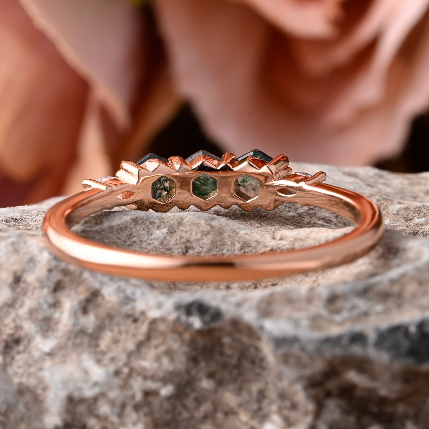 Birthstone bridal ring Round shape Green Moss Agate wedding ring Twist design band Anniversary gifts Solid Rose gold handmade ring for women
