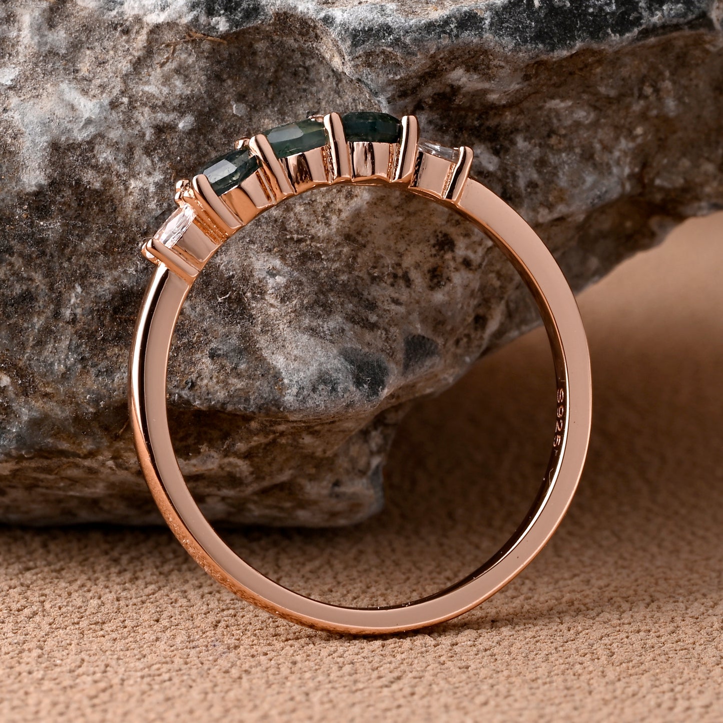 Birthstone bridal ring Round shape Green Moss Agate wedding ring Twist design band Anniversary gifts Solid Rose gold handmade ring for women