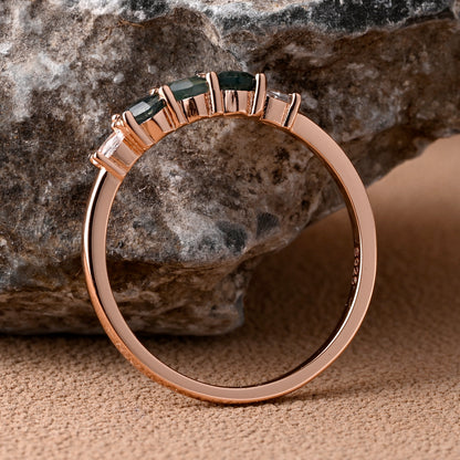 Birthstone bridal ring Round shape Green Moss Agate wedding ring Twist design band Anniversary gifts Solid Rose gold handmade ring for women