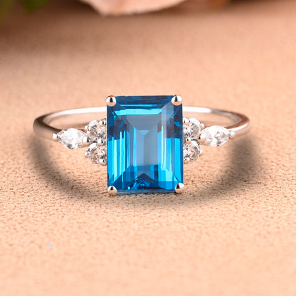 London Blue Topaz Engagement Ring 4 Prong Emerald Cut Vintage Rose Gold Engagement Cluster Ring Moissanite Bridal Ring Promise Ring Anniversary